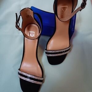 Material Girl Black Heels with Rhinestone Straps